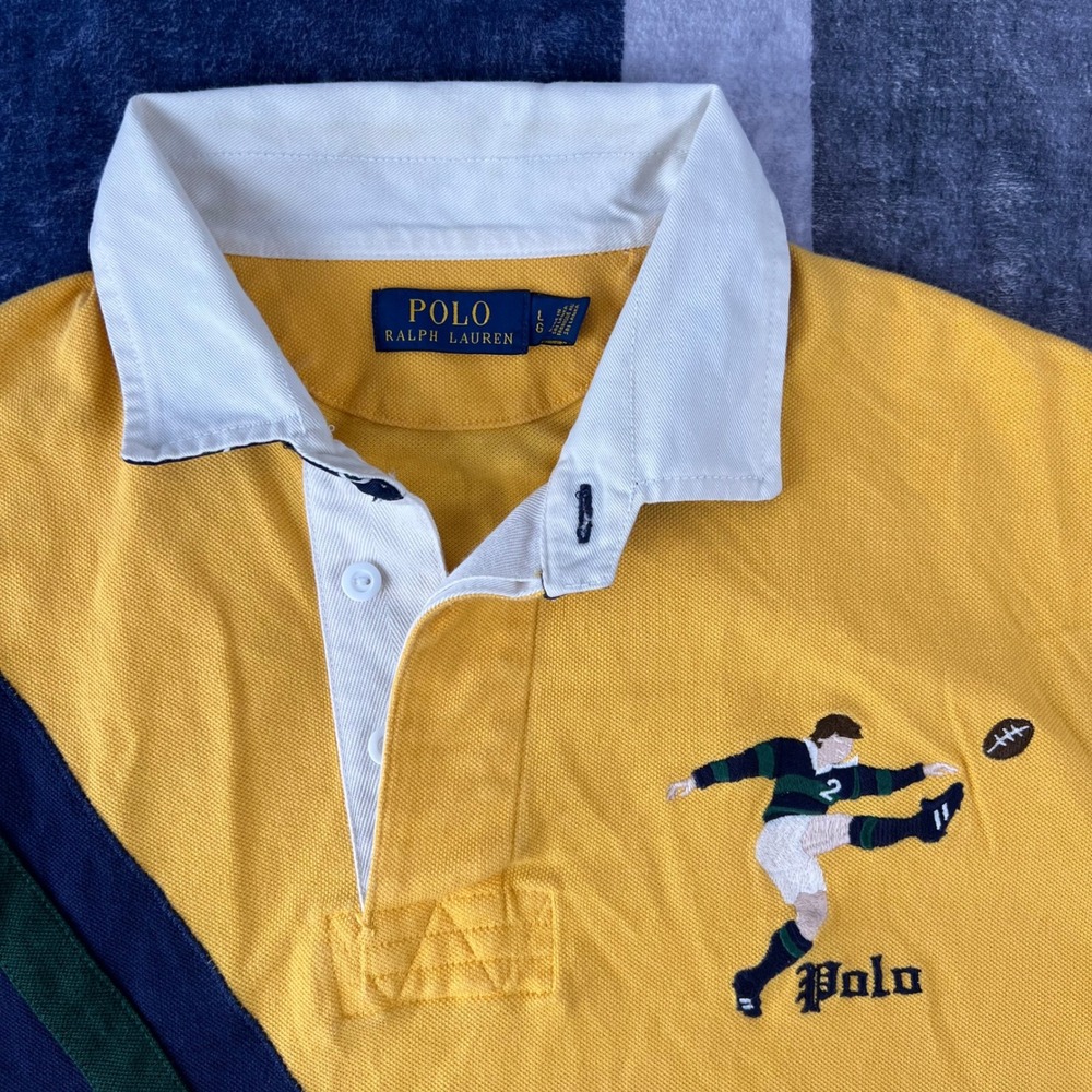 Polo Ralph Lauren Mens Large Yellow Rugby Polo Shirt Kicker Embroidered Stripe - Picture 2 of 7